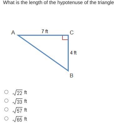 What is the length of the hypotenuse of the triangle? Triangle A B C. Side A C is-example-1