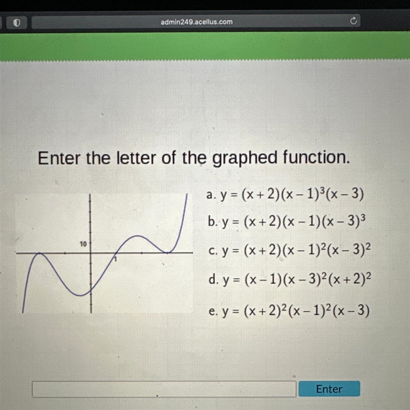 Enter the letter of the graphed function. a. y = (x + 2)(x - 1)³(x-3) b. y = (x + 2)(x-example-1