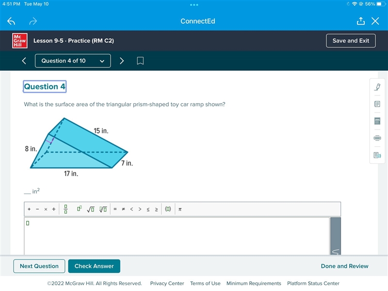 Help me! What is the surface area of the triangular prism shaped toy car ramp shown-example-1