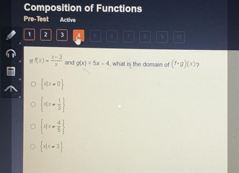 If f(x) = x-3/x and g(x) = 5x-4, what is the domain of (f•g)(x)?-example-1