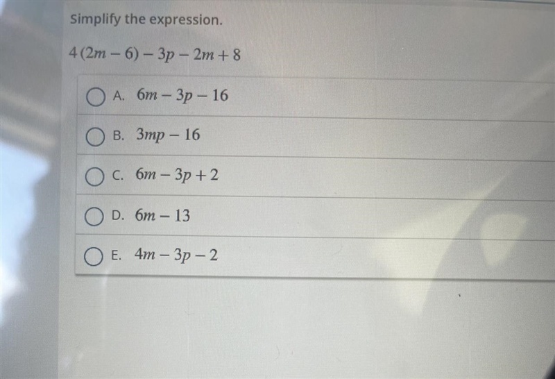 Simply the expression. 4 (2m -6) - 3p - 2m + 8-example-1