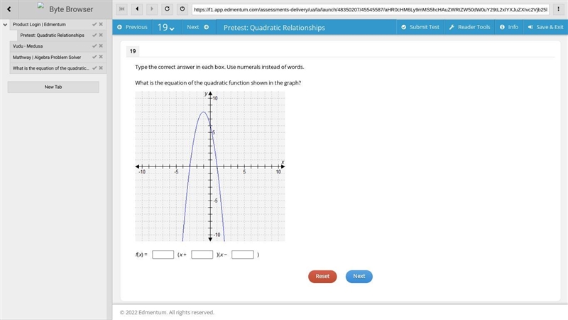 What is the equation of the quadratic function shown in the graph?-example-1