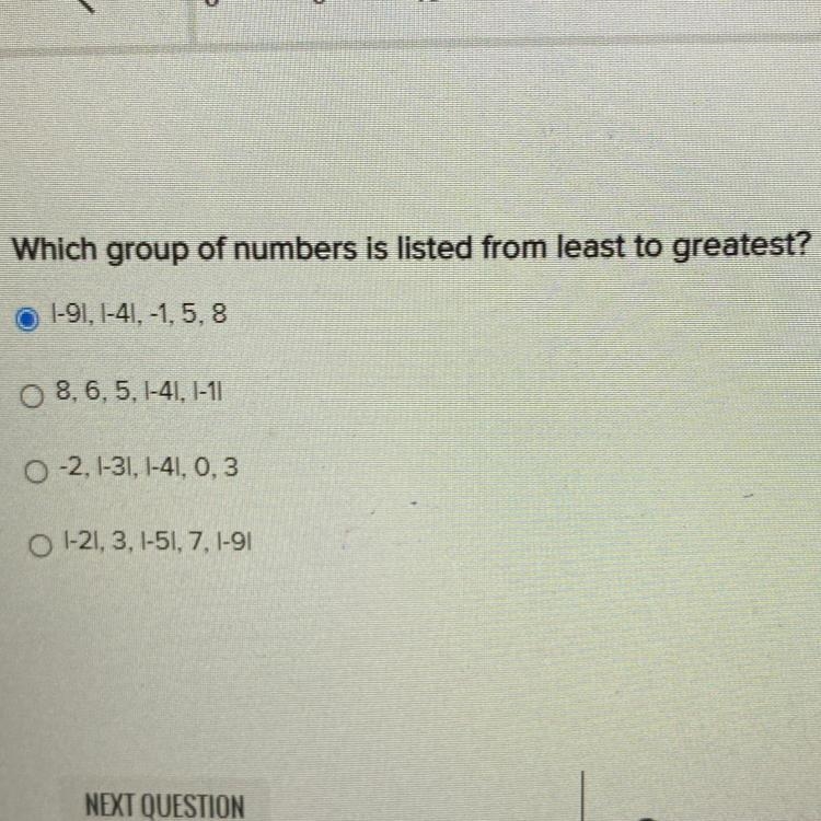 Which group of numbers is listed from least to greatest?-example-1