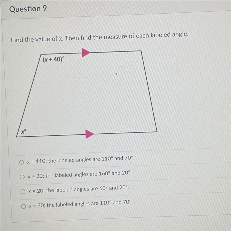 Find the value of x. Then find the measure of each labeled angle.-example-1