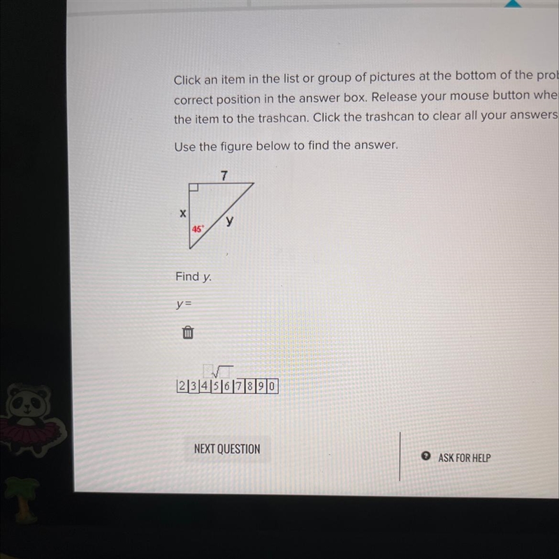 Use the figure below to find the answer. X Find y. y= 45 III 7 T 234567890-example-1