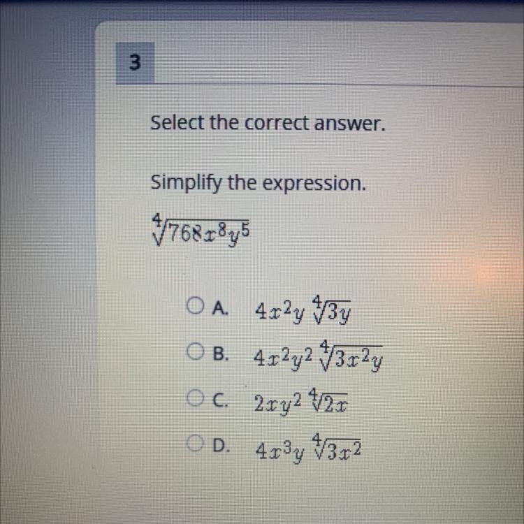 PLEASE HELP 30 points Select the correct answer. Simplify the expression. $768x845 OA-example-1