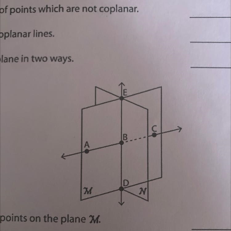 2) M N a) Write all the points on the plane M. b) At which line do the planes Mand-example-1