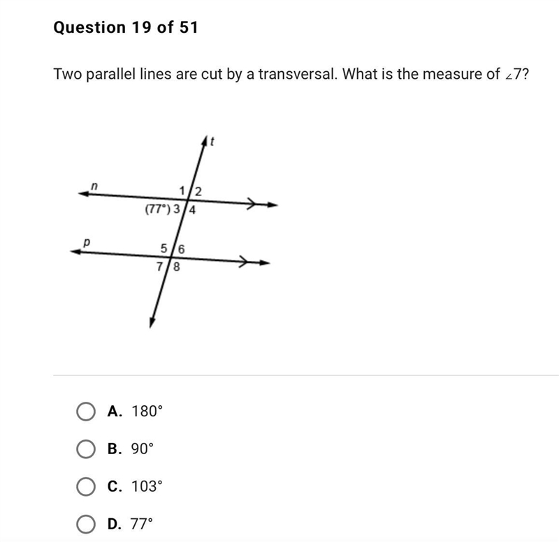 Please Help!!! Two parallel lines are cut by a transversal. What is the measure of-example-1