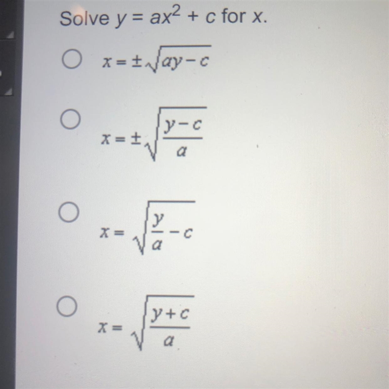 Solve y = ax² + c for x.-example-1