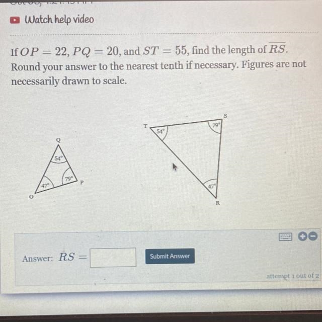 If OP = 22, PQ = 20, and ST = 55, find the length of R.S. Round your answer to the-example-1