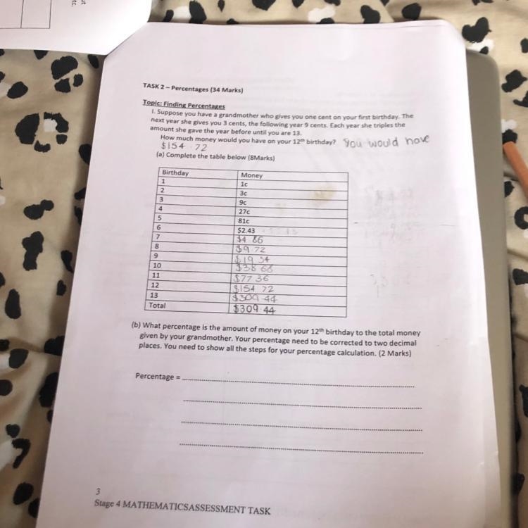 TASK 2-Percentages (34 Marks) Topic: Finding Percentages 1. Suppose you have a grandmother-example-1