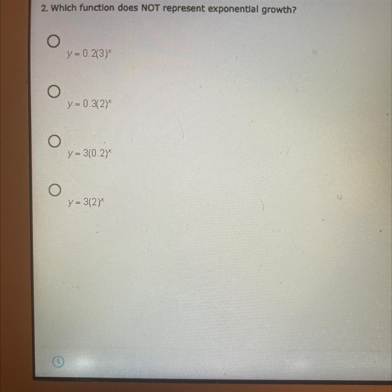 2. Which function does NOT represent exponential growth?y=0.231y = 0.3121*y = 3(0.27y-example-1