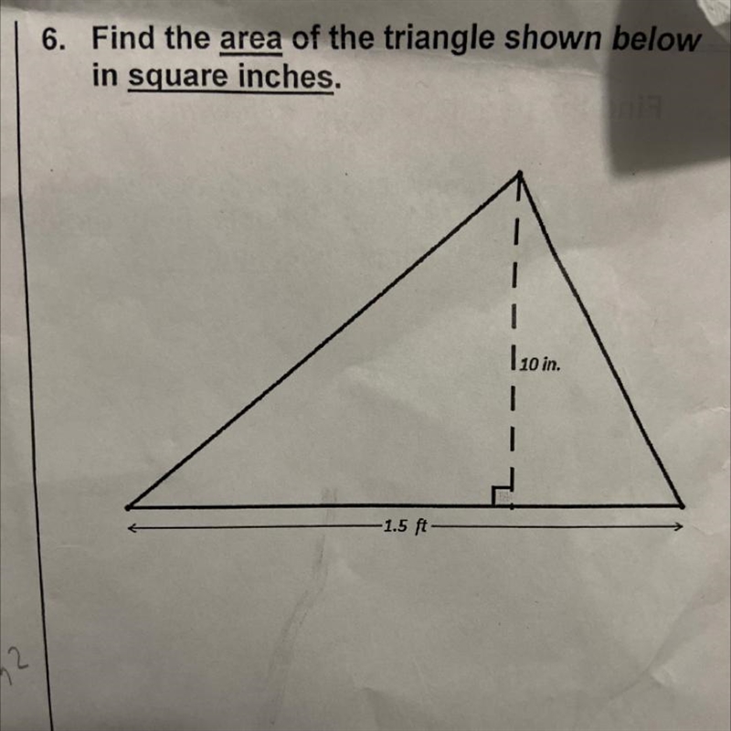 Find the area of the triangle shown below in square inches.-example-1