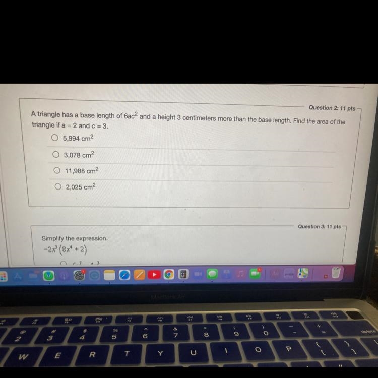 Question 2: 11A triangle has a base length of 6ac? and a height 3 centimeters more-example-1