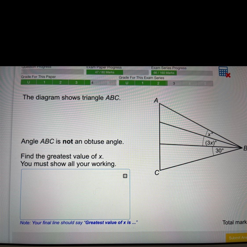 The diagram shows triangle ABC. Angel ABC is NOT an obtuse angle. Find the greatest-example-1