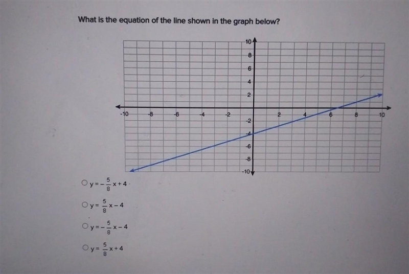 What is the equation of the line shown in the graph below? y=-5/8×+4 y=5/8×-4 y=-5/8×-4 y-example-1