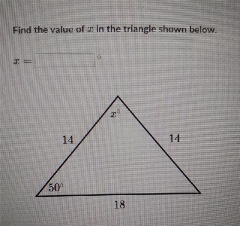 Find the value of x in the triangle shown below. x=[] ​-example-1