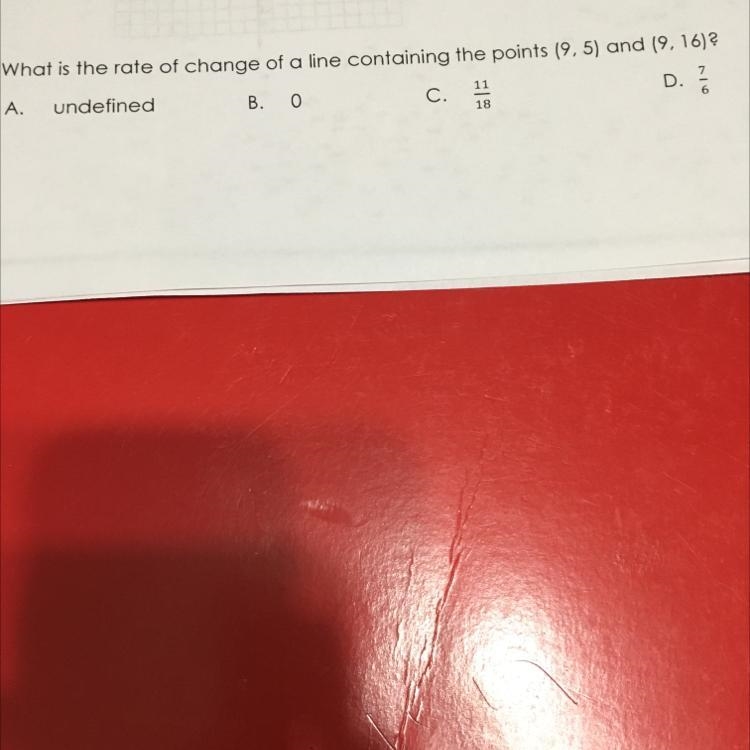 10.What is the rate of change of a line containing the points (9,5) and (9,16)?A.undefinedB-example-1