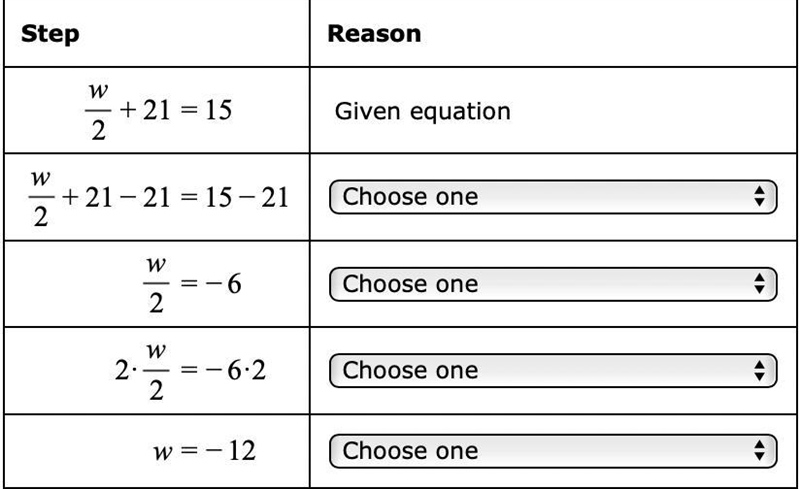 The equation, w/2 + 21 = 15 is solved in several steps below.For each step, choose-example-1