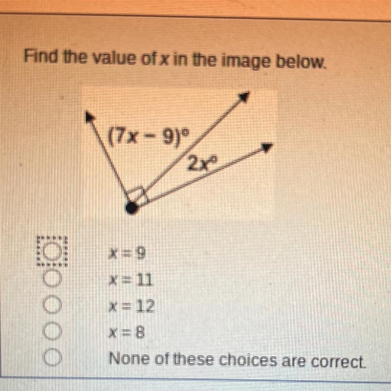 Find the value of x in the image below. (7x-9)° 2xº-example-1