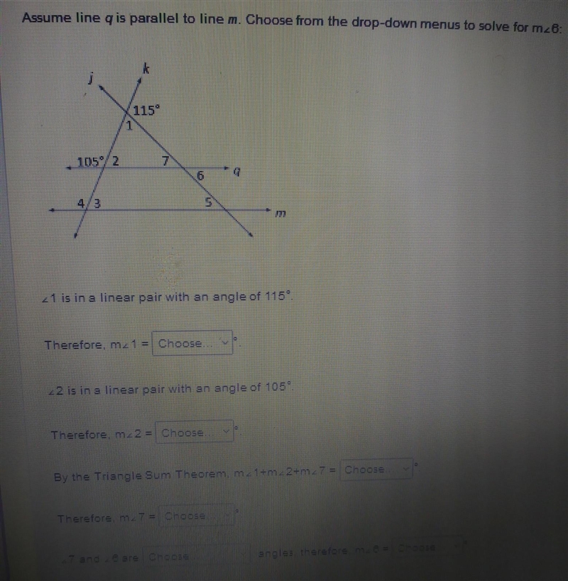 Assume line q is parallel to line m. Choose from the drop down menus to solve for-example-1