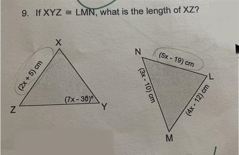 9. If XYZ LMN, what is the length of XZ?-example-1