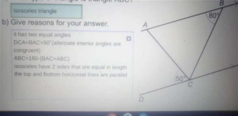 What type of triangle is triangle ABC give reasons for your answer help please I need-example-1