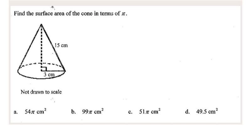 Find the surface area of the cone in terms of pi. 15cm 3cm-example-1