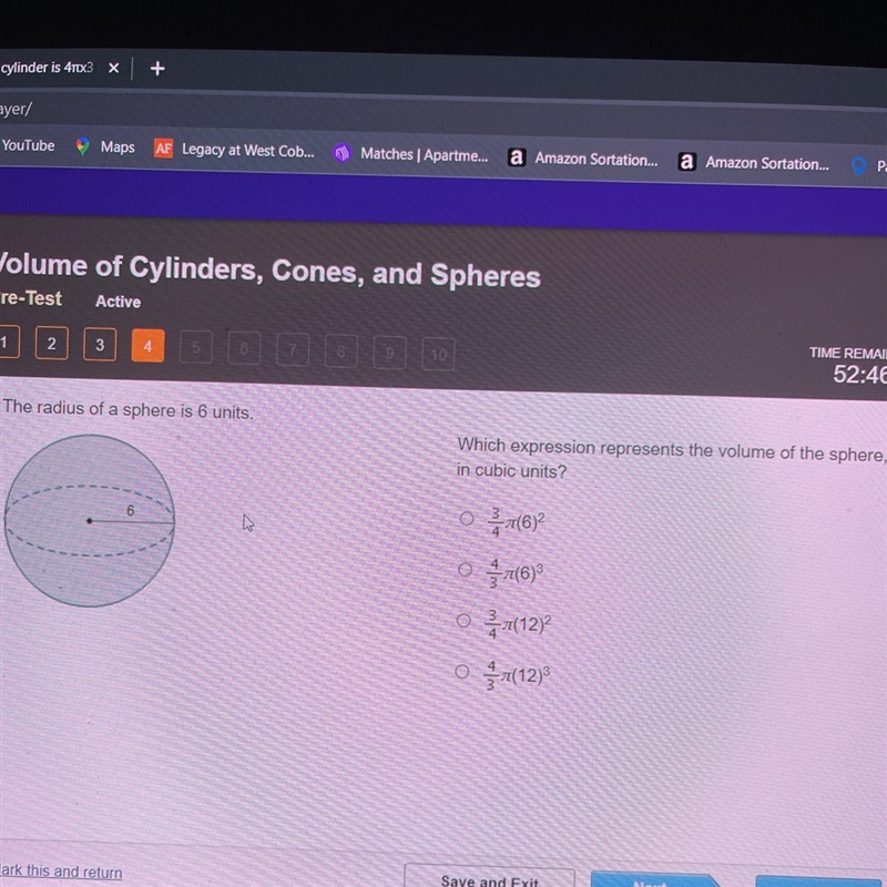 The radius of a sphere is 6 units. Which expression represents the volume of the sphere-example-1