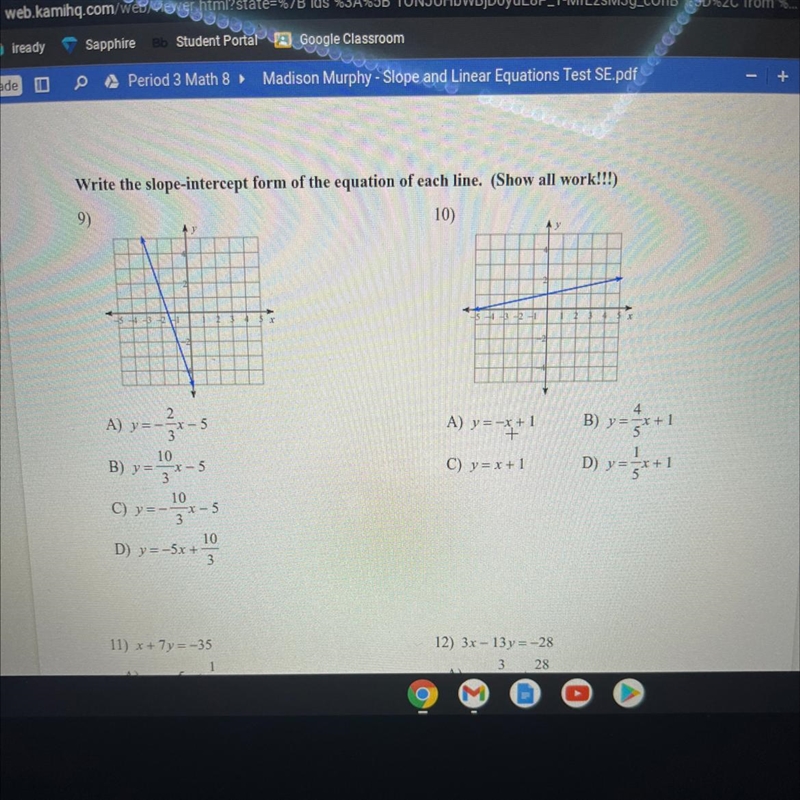 Write the slope-intercept form of the equation of each line.-example-1