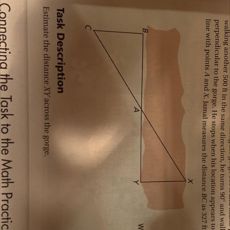 jamal wants to estimate the distance across the gorge shown in the diagram below. He-example-1