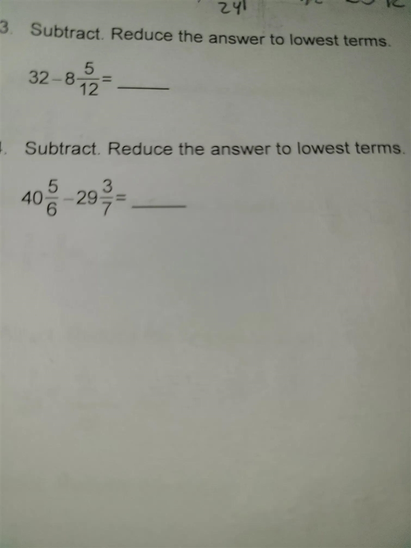 32 - 8 5 12subtract. reduce the answer to lowest terms.-example-1