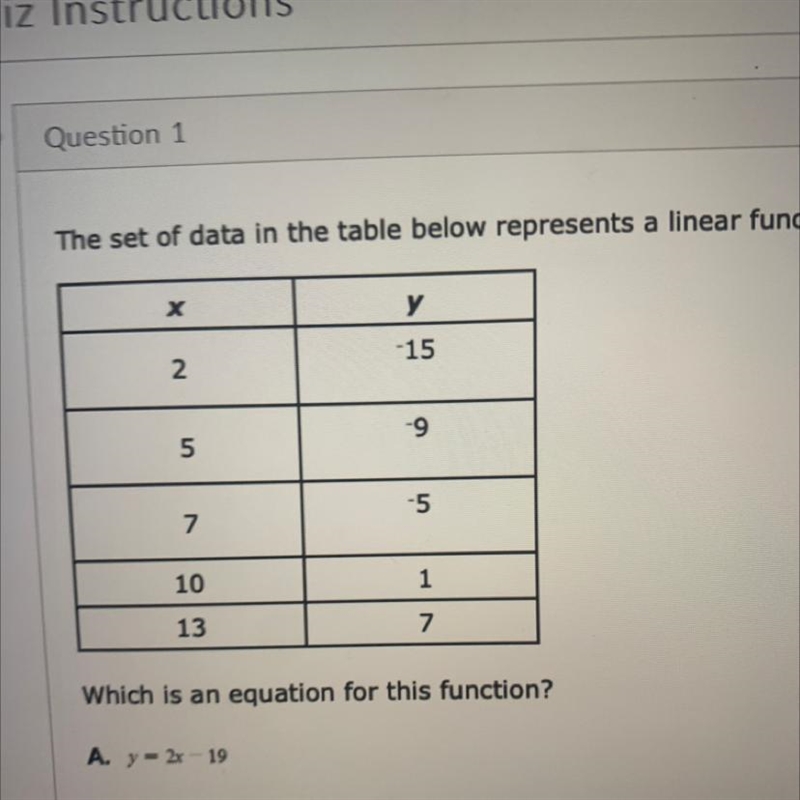 The set of data in the table below represents a linear function. X Y 2 -15 5 -9 7 -5 10 1 13 7 Which-example-1