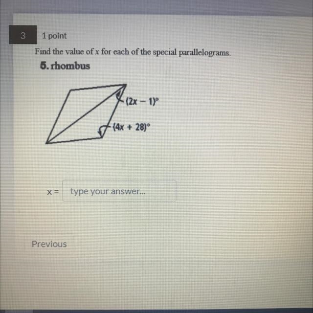 Find the value of x for each of the special parallelograms. 5. rhombus-example-1