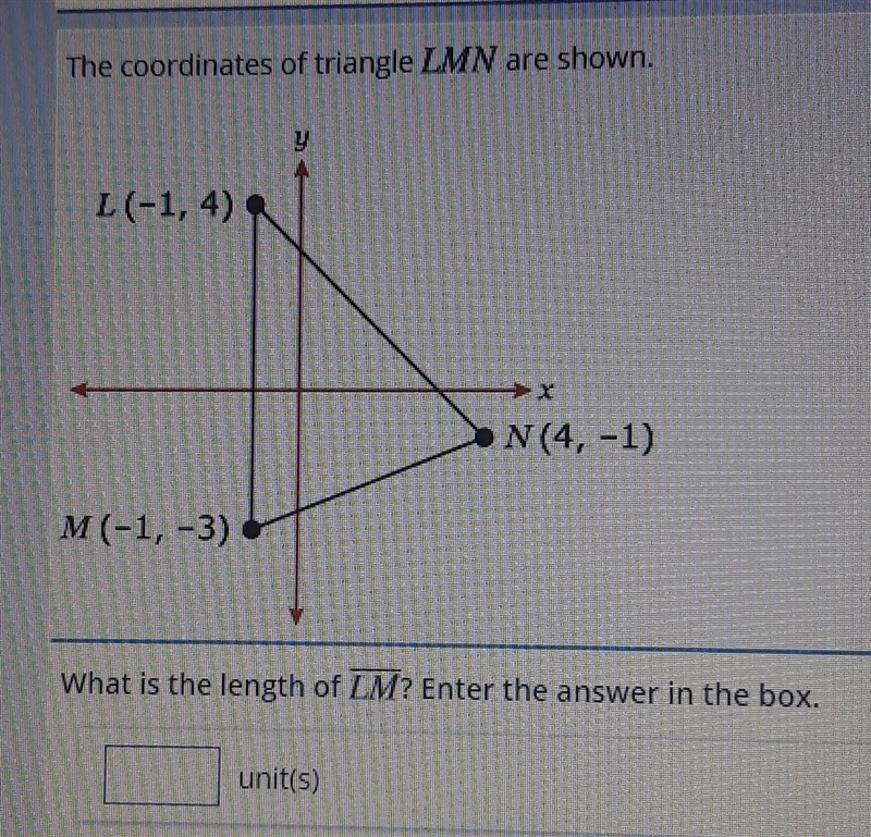 The coordinates of triangle LMN are shown. L(-1,4) M(-1, -3) V N (4, -1) What is the-example-1