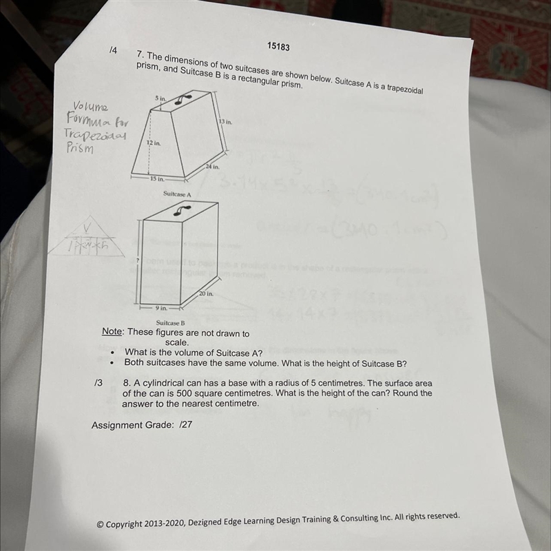 14 15183 7. The dimensions of two suitcases are shown below. Suitcase A is a trapezoidal-example-1