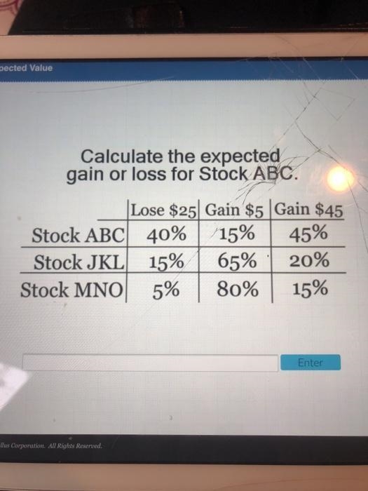 Calculate the expected Gain of Loss of stock ABC. Please help if you can!-example-1