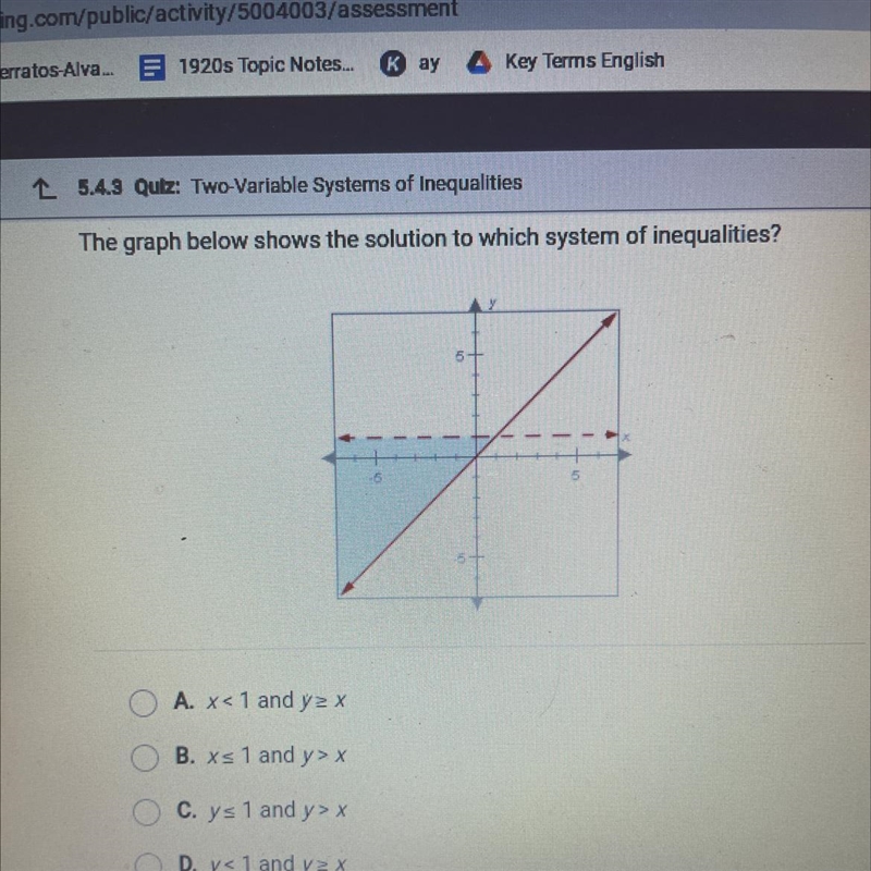 The graph below shows the solution to which system of inequalities? O A. x< 1 and-example-1