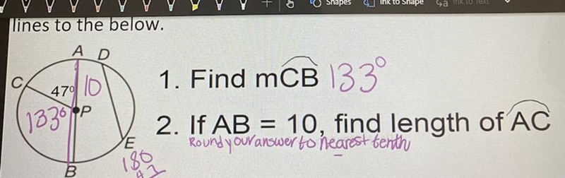 A D c 470 10 1. Find mCB 1339 2. If AB = 10, find length of AC Round your answer to-example-1