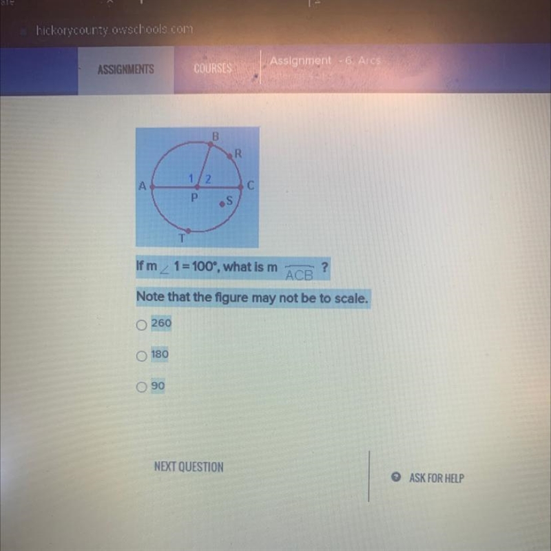 If m1=100°, what is m ? ACB Note that the figure may not be to scale.-example-1