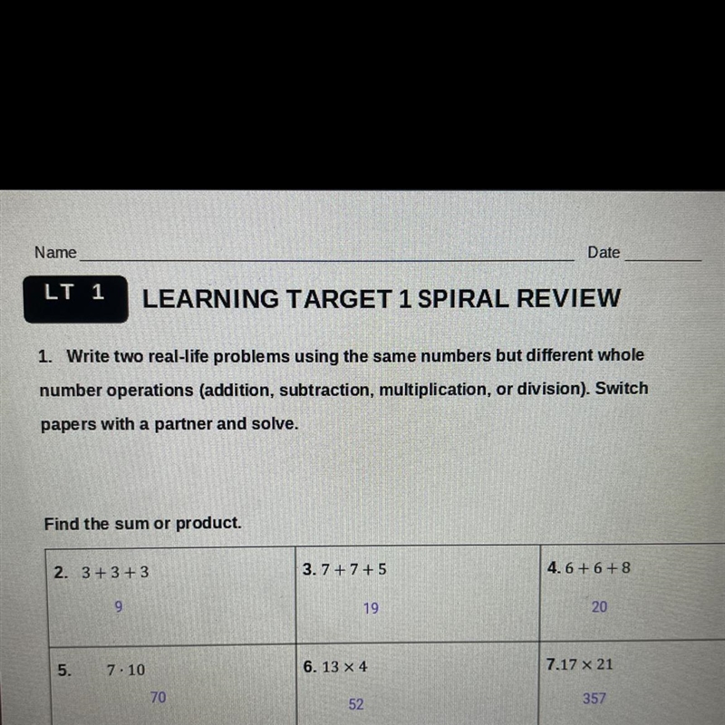 Write two real-life problems using the same numbers but different whole number operations-example-1