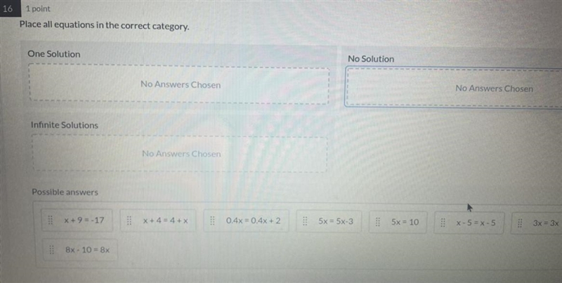 What equations go where? One solution, no solution, infinite solution. Picture attached-example-1