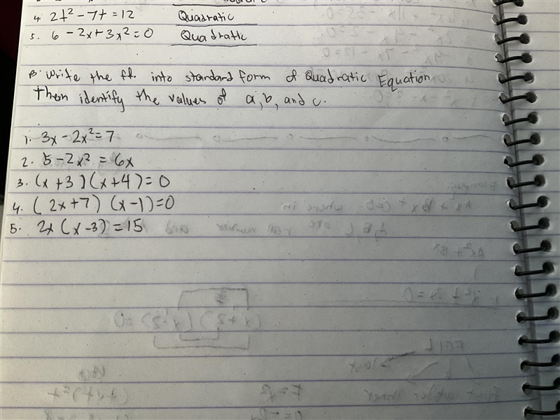 B. write the ff. into standard form of Quadratic Equation then identify the values-example-1