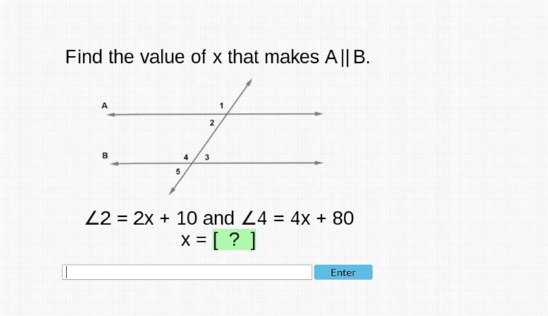 Find the value of x that makes A }}B <2=2x+10 and <4=4x+80-example-1