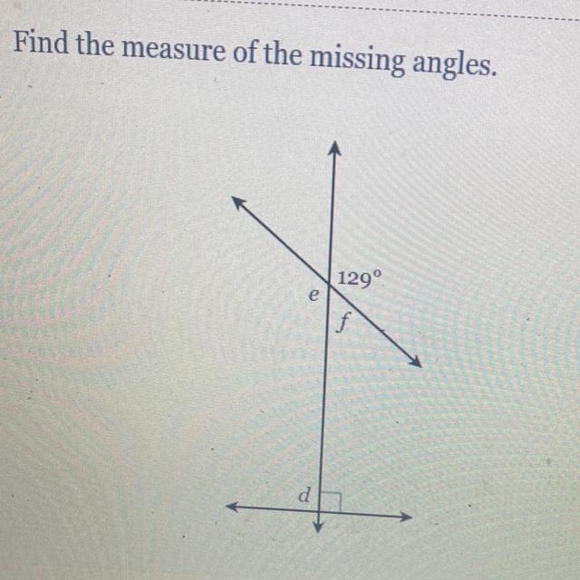 Find the measure of the missing angles. d= e= e d 129⁰ f f=-example-1