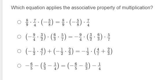 HURRY FAST Which equation applies the associative property of multiplication?-example-1