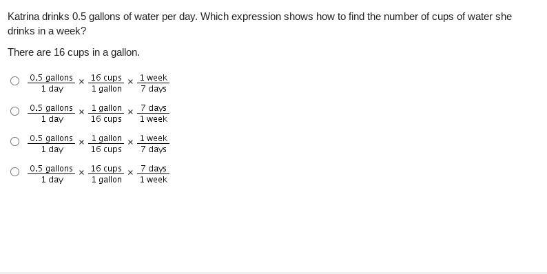 Katrina drinks 0.5 gallons of water per day. Which expression shows how to find the-example-1