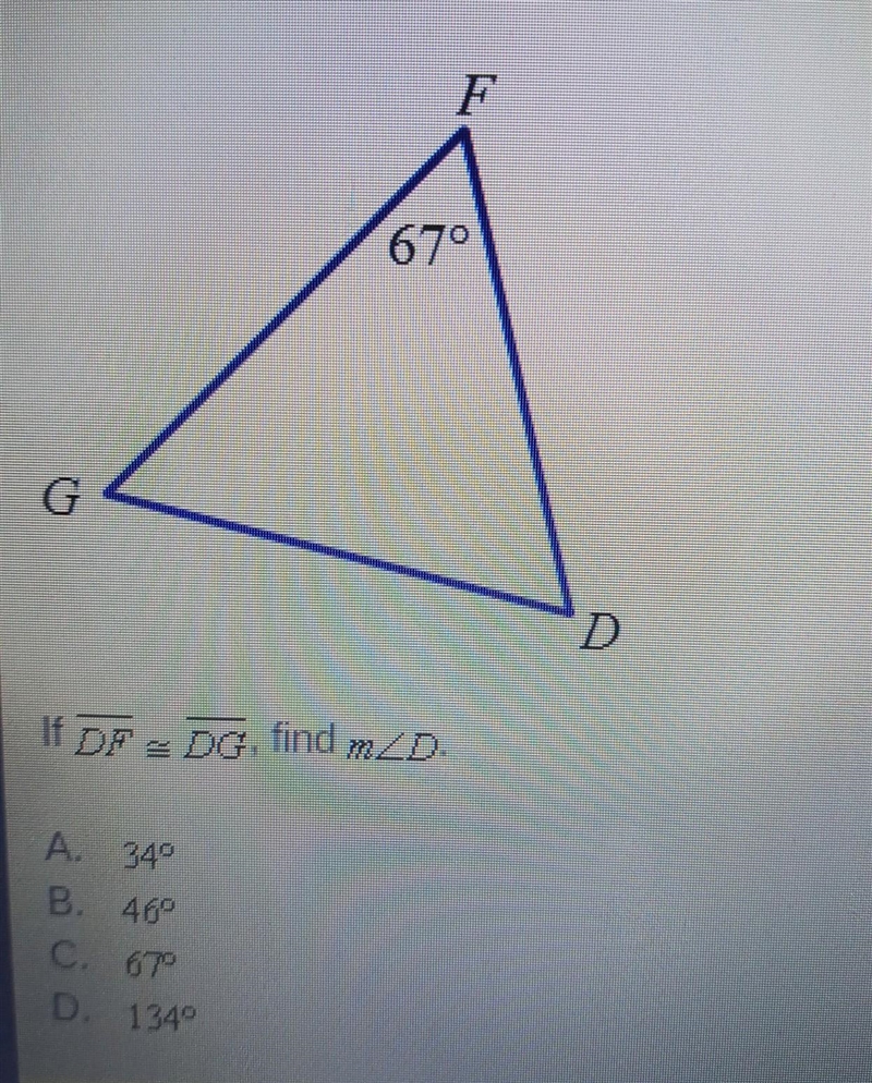 If segment DF is congruent to segment DG, find the measure of angle D.​-example-1