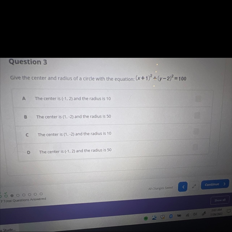 Give the center and radius of a circle with the equation: (x+1)²+(y-2)²=100 A-The-example-1