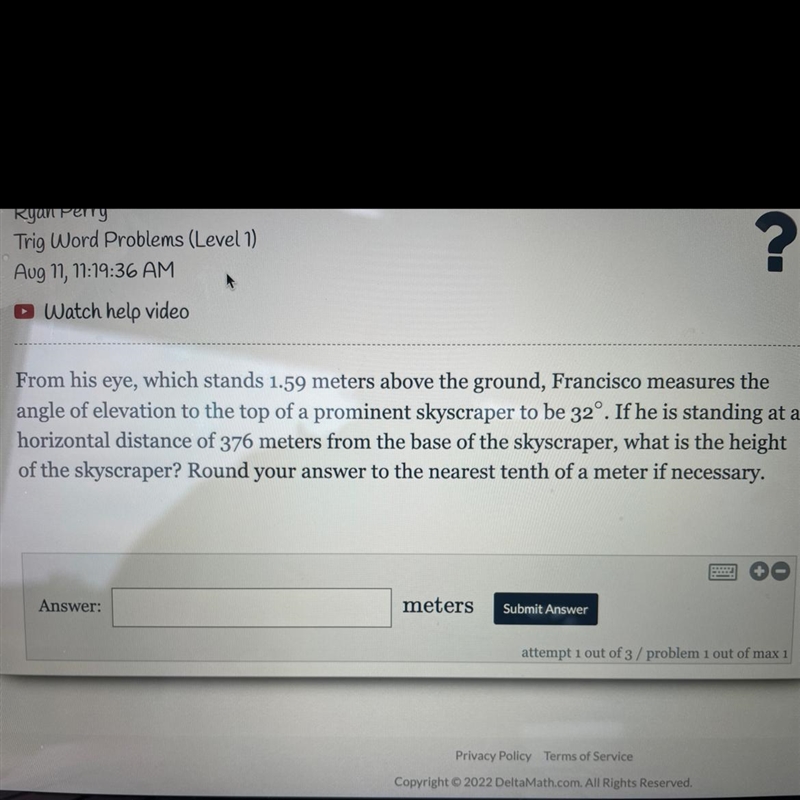 From his eye, which stands 1.59 meters above the ground, Francisco measures the angle-example-1